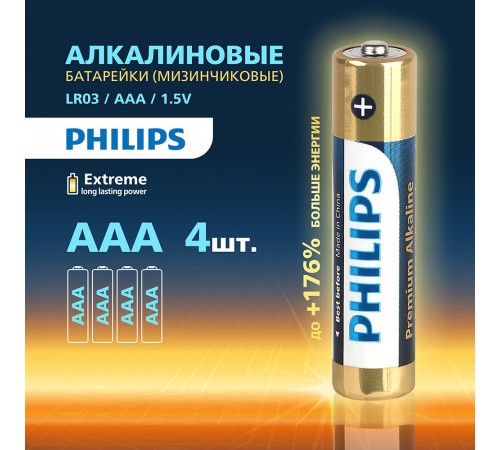 Батарейка Philips Premium ААА мизинчиковая LR03 1,5 В (4 шт.) (Б0062755) Батарейка Philips Premium ААА мизинчиковая LR03 1,5 В (4 шт.) (Б0062755)