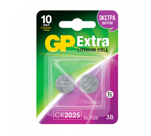 Батарейка GP Batteries Extra Литий таблетка CR2025 3 В (2 шт.) (GP CR2025X-2CR2) Батарейка GP Batteries Extra Литий таблетка CR2025 3 В (2 шт.) (GP CR2025X-2CR2)