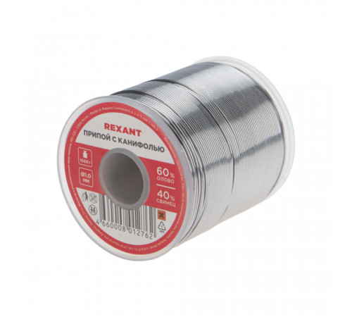 Припой Rexant d1 Sn60 Pb40 Flux 2.2% с канифолью 1000 г (09-3413) Припой Rexant d1 Sn60 Pb40 Flux 2.2% с канифолью 1000 г (09-3413)