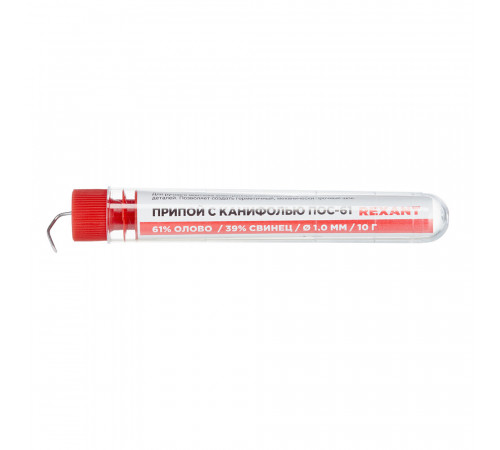 Припой Rexant ПОС-61 d1 Sn61 Pb39 Flux 2.2% с канифолью 10 г (09-3101) Припой Rexant ПОС-61 d1 Sn61 Pb39 Flux 2.2% с канифолью 10 г (09-3101)