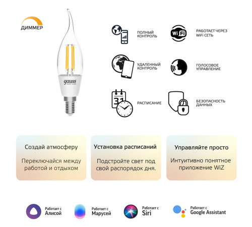 Лампа умная Gauss Smart Home филаментная диммируемая E14 4,5 Вт теплый/холодный 2700 К IP20 свеча на ветру Лампа умная Gauss Smart Home филаментная диммируемая E14 4,5 Вт теплый/холодный 2700 К IP20 свеча на ветру