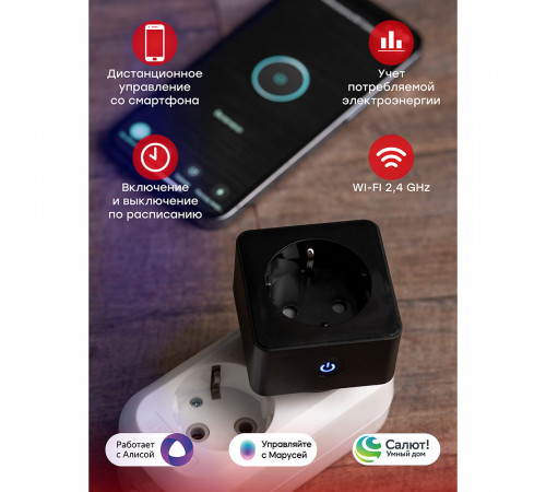 Умная розетка EKF Connect (RCS-2-WF) черная с заземлением Умная розетка EKF Connect (RCS-2-WF) черная с заземлением