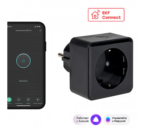 Умная розетка EKF Connect (RCS-2-WF) черная с заземлением Умная розетка EKF Connect (RCS-2-WF) черная с заземлением
