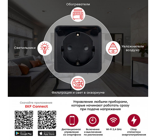 Умная розетка EKF Connect (RCS-2-WF) черная с заземлением Умная розетка EKF Connect (RCS-2-WF) черная с заземлением