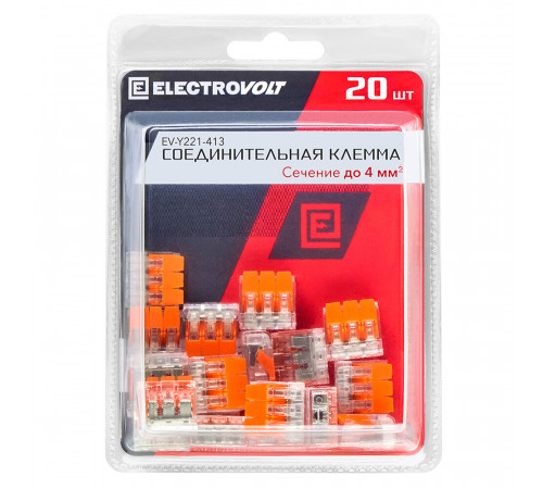 Клемма на 3 провода Electrovolt 221-413 0,2-4 кв.мм с рычажками без пасты (20 шт.) (ЦБ-00015529/605054)