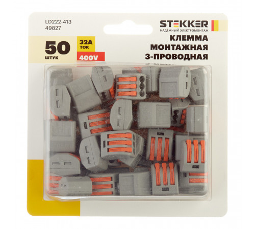 Клемма на 3 провода Stekker 0,08-(2,5)4 кв.мм с рычажками без пасты (50 шт.) (49827) Клемма на 3 провода Stekker 0,08-(2,5)4 кв.мм с рычажками без пасты (50 шт.) (49827)