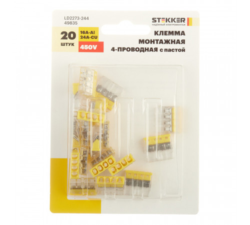 Клемма на 4 провода Stekker 0,5-2,5 кв.мм самозажимная с пастой (20 шт.) (49835)
