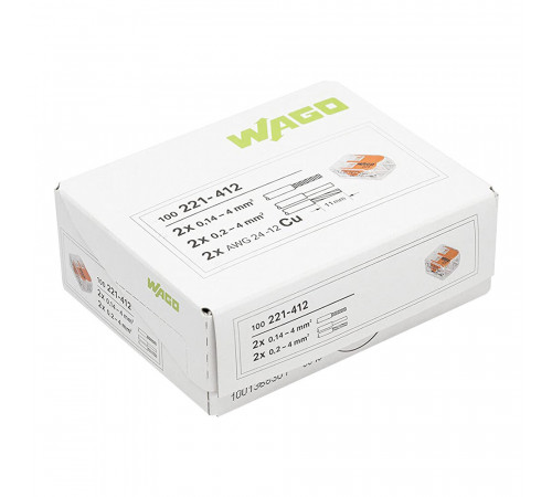 Клемма на 2 провода Wago 221-412 0,2-4 кв.мм с рычажками без пасты (100 шт.) (ЦБ-00015777/808435) Клемма на 2 провода Wago 221-412 0,2-4 кв.мм с рычажками без пасты (100 шт.) (ЦБ-00015777/808435)