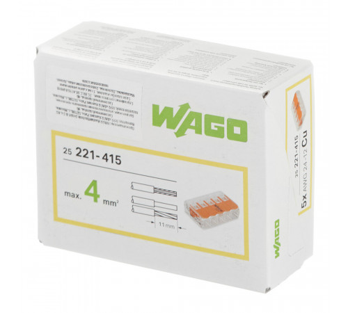 Клемма на 5 проводов Wago 0,14-4 кв.мм с рычажками без пасты (25 шт.) (221-415) Клемма на 5 проводов Wago 0,14-4 кв.мм с рычажками без пасты (25 шт.) (221-415)