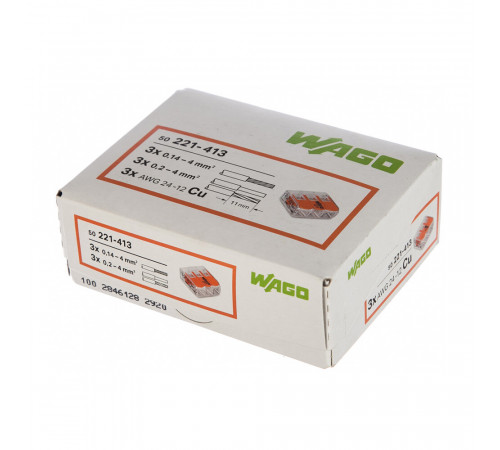 Клемма на 3 провода Wago 221-413 0,2-4 кв.мм с рычажками без пасты (50 шт.) (ЦБ-00015765/808442) Клемма на 3 провода Wago 221-413 0,2-4 кв.мм с рычажками без пасты (50 шт.) (ЦБ-00015765/808442)
