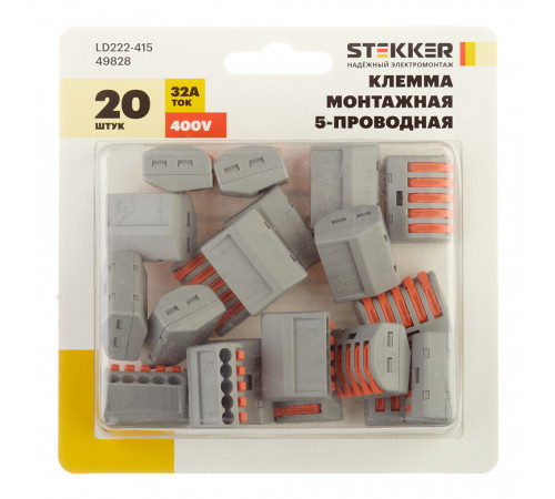Клемма на 5 проводов Stekker 0,08-(2,5)4 кв.мм с рычажками без пасты (20 шт.) (49828) Клемма на 5 проводов Stekker 0,08-(2,5)4 кв.мм с рычажками без пасты (20 шт.) (49828)