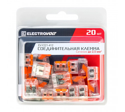 Клемма на 2 провода Electrovolt 221-412 0,2-4 кв.мм с рычажками без пасты (20 шт.) (ЦБ-00015527/605047) Клемма на 2 провода Electrovolt 221-412 0,2-4 кв.мм с рычажками без пасты (20 шт.) (ЦБ-00015527/605047)