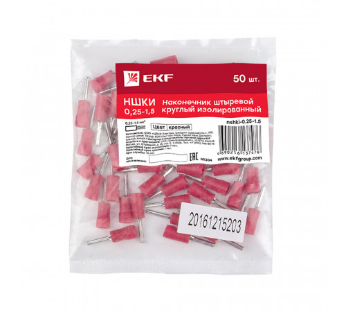 Наконечник штыревой круглый изолированный EKF PROxima НШКИ d4,3 мм 0,25-1,5 кв.мм (50 шт.) Наконечник штыревой круглый изолированный EKF PROxima НШКИ d4,3 мм 0,25-1,5 кв.мм (50 шт.)