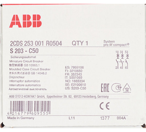 Автоматический выключатель модульный ABB S203 3P 50А тип C 6 кА 400 В (2CDS253001R0504) Автоматический выключатель модульный ABB S203 3P 50А тип C 6 кА 400 В (2CDS253001R0504)