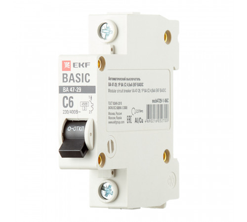 Автоматический выключатель модульный EKF Basic ВА 47-29 1P 6А тип C 4,5 кА 230 В (mcb4729-1-06C) Автоматический выключатель модульный EKF Basic ВА 47-29 1P 6А тип C 4,5 кА 230 В (mcb4729-1-06C)