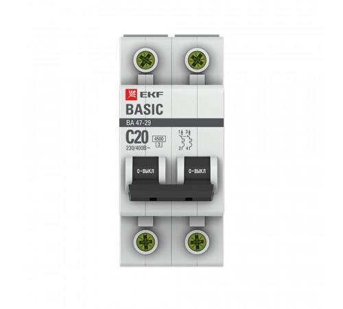 Автоматический выключатель модульный EKF Basic ВА 47-29 2P 20А тип C 4,5 кА 230 В (mcb4729-2-20C)