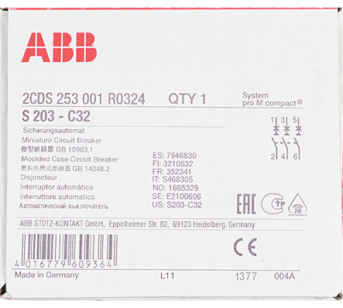 Автоматический выключатель модульный ABB S203 3P 32А тип C 6 кА 400 В (2CDS253001R0324) Автоматический выключатель модульный ABB S203 3P 32А тип C 6 кА 400 В (2CDS253001R0324)