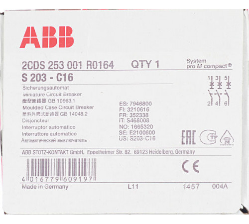 Автоматический выключатель модульный ABB S203 3P 16А тип C 6 кА 400 В (2CDS253001R0164) Автоматический выключатель модульный ABB S203 3P 16А тип C 6 кА 400 В (2CDS253001R0164)