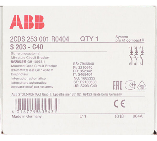 Автоматический выключатель модульный ABB S203 3P 40А тип C 6 кА 400 В (2CDS253001R0404) Автоматический выключатель модульный ABB S203 3P 40А тип C 6 кА 400 В (2CDS253001R0404)