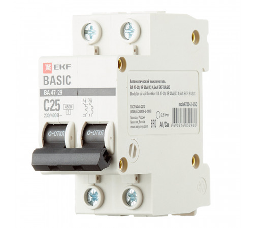 Автоматический выключатель модульный EKF Basic ВА 47-29 2P 25А тип C 4,5 кА 230 В (mcb4729-2-25C)