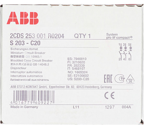 Автоматический выключатель модульный ABB S203 3P 20А тип C 6 кА 400 В (2CDS253001R0204) Автоматический выключатель модульный ABB S203 3P 20А тип C 6 кА 400 В (2CDS253001R0204)