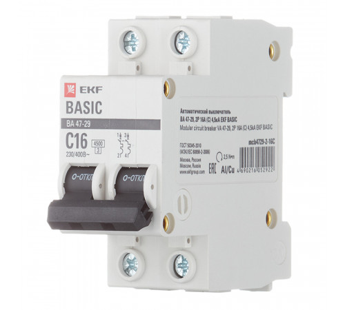 Автоматический выключатель модульный EKF Basic ВА 47-29 2P 16А тип C 4,5 кА 230 В (mcb4729-2-16C) Автоматический выключатель модульный EKF Basic ВА 47-29 2P 16А тип C 4,5 кА 230 В (mcb4729-2-16C)