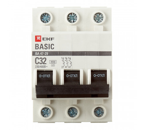 Автоматический выключатель модульный EKF Basic ВА 47-29 3P 32А тип C 4,5 кА 400 В (mcb4729-3-32C)