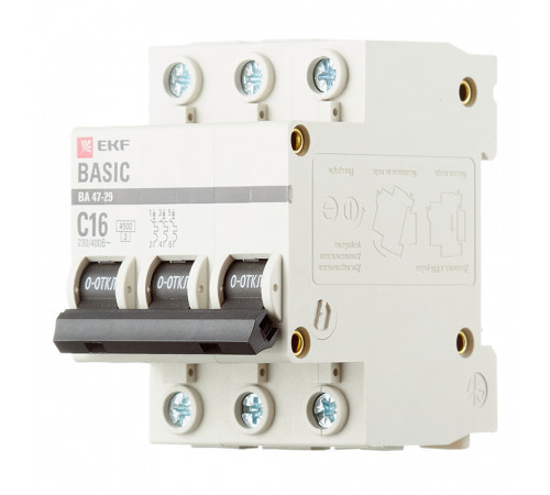Автоматический выключатель модульный EKF Basic ВА 47-29 3P 16А тип C 4,5 кА 400 В (mcb4729-3-16C)