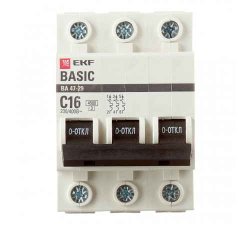 Автоматический выключатель модульный EKF Basic ВА 47-29 3P 16А тип C 4,5 кА 400 В (mcb4729-3-16C)