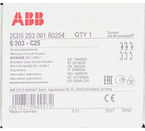 Автоматический выключатель модульный ABB S203 3P 25А тип C 6 кА 400 В (2CDS253001R0254) Автоматический выключатель модульный ABB S203 3P 25А тип C 6 кА 400 В (2CDS253001R0254)
