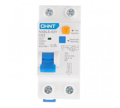Автомат дифференциальный Chint NXBLE-63Y 63А 1P+N тип AC 30 мА 4,5 кА компактный (105548) Автомат дифференциальный Chint NXBLE-63Y 63А 1P+N тип AC 30 мА 4,5 кА компактный (105548)