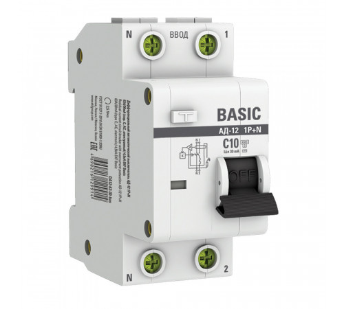Автомат дифференциальный EKF Basic АД-12 10А 1P+N тип AC 30 мА 4,5 кА (DA12-10-30-bas)