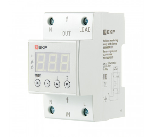 Реле напряжения модульное EKF PROxima (MRV-63A) 230 В 63 А 1P+N с дисплеем Реле напряжения модульное EKF PROxima (MRV-63A) 230 В 63 А 1P+N с дисплеем