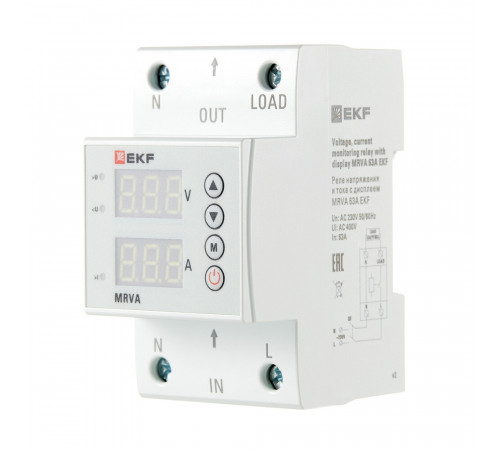 Реле напряжения модульное EKF PROxima (MRVA-63A) 230 В 63 А 1P+N с дисплеем Реле напряжения модульное EKF PROxima (MRVA-63A) 230 В 63 А 1P+N с дисплеем