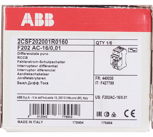 УЗО ABB S F202 16А 1P+N тип AC 10 мА 10 кА (2CSF202001R0160)