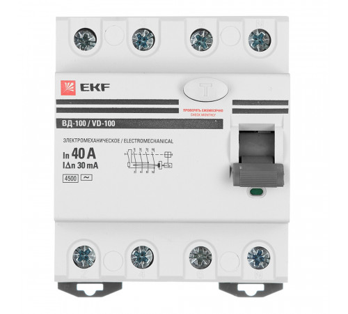 УЗО EKF PROxima ВД-100 40А 3P+N тип AC 30 мА 4,5 кА компактное (elcb-4-40-30-em-pro) УЗО EKF PROxima ВД-100 40А 3P+N тип AC 30 мА 4,5 кА компактное (elcb-4-40-30-em-pro)