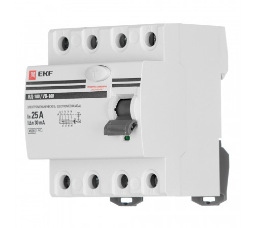 УЗО EKF PROxima ВД-100 25А 3P+N тип AC 30 мА 4,5 кА (elcb-4-25-30-em-pro) УЗО EKF PROxima ВД-100 25А 3P+N тип AC 30 мА 4,5 кА (elcb-4-25-30-em-pro)