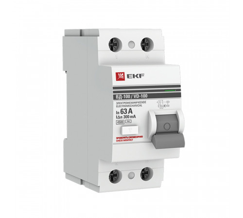 УЗО EKF PROxima ВД-100 63А 1P+N тип AC 300 мА 4,5 кА (elcb-2-63-300-em-pro)