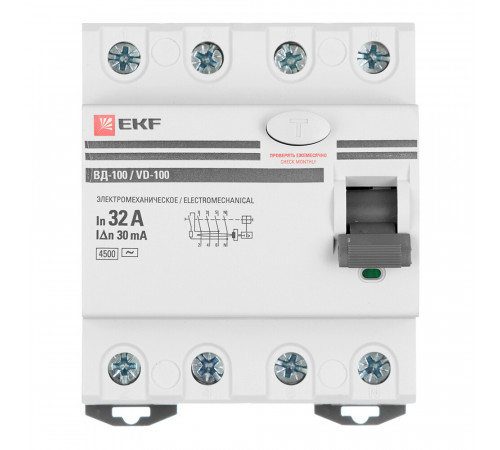 УЗО EKF PROxima ВД-100 32А 3P+N тип AC 30 мА 4,5 кА компактное (elcb-4-32-30-em-pro) УЗО EKF PROxima ВД-100 32А 3P+N тип AC 30 мА 4,5 кА компактное (elcb-4-32-30-em-pro)