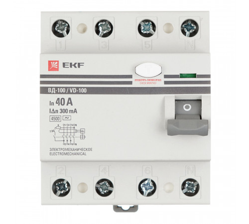 УЗО EKF PROxima ВД-100 40А 3P+N тип AC 300 мА 4,5 кА (elcb-4-40-300-em-pro) УЗО EKF PROxima ВД-100 40А 3P+N тип AC 300 мА 4,5 кА (elcb-4-40-300-em-pro)