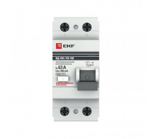 УЗО EKF PROxima ВД-100 63А 1P+N тип AC 300 мА 4,5 кА (elcb-2-63-300-em-pro)