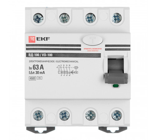 УЗО EKF PROxima ВД-100 63А 3P+N тип AC 30 мА 4,5 кА (elcb-4-63-30-em-pro) УЗО EKF PROxima ВД-100 63А 3P+N тип AC 30 мА 4,5 кА (elcb-4-63-30-em-pro)