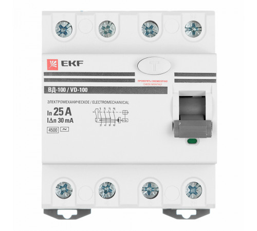 УЗО EKF PROxima ВД-100 25А 3P+N тип AC 30 мА 4,5 кА (elcb-4-25-30-em-pro) УЗО EKF PROxima ВД-100 25А 3P+N тип AC 30 мА 4,5 кА (elcb-4-25-30-em-pro)