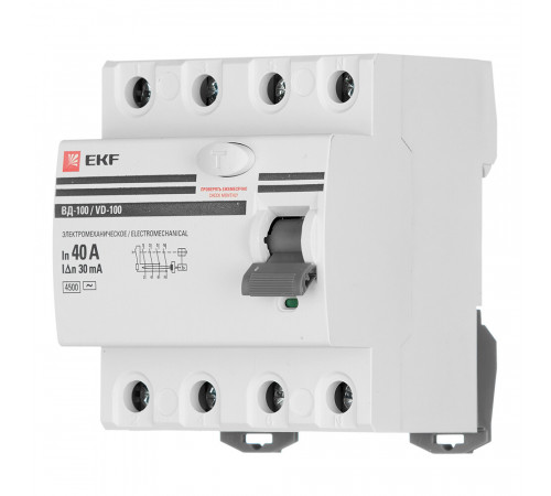 УЗО EKF PROxima ВД-100 40А 3P+N тип AC 30 мА 4,5 кА компактное (elcb-4-40-30-em-pro) УЗО EKF PROxima ВД-100 40А 3P+N тип AC 30 мА 4,5 кА компактное (elcb-4-40-30-em-pro)