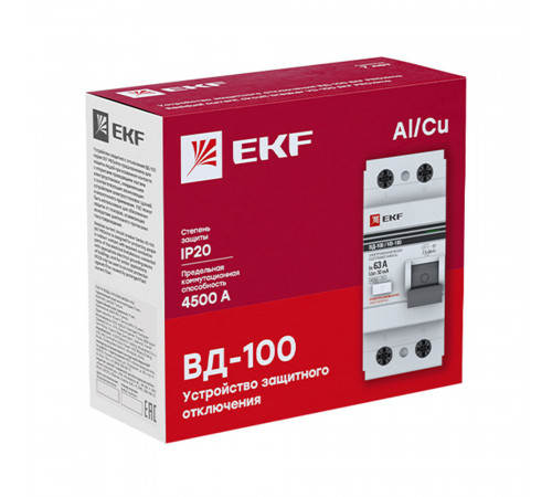 УЗО EKF PROxima ВД-100 63А 1P+N тип AC 300 мА 4,5 кА (elcb-2-63-300-em-pro)
