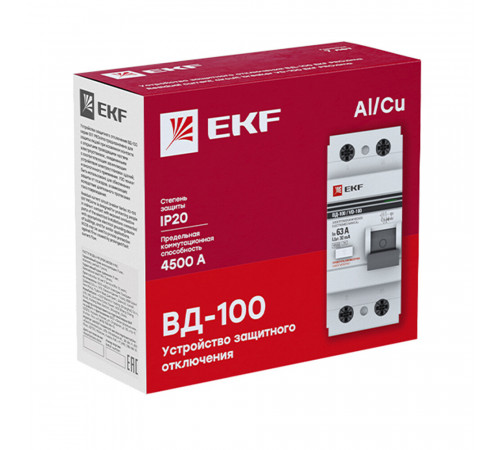 УЗО EKF PROxima ВД-100 63А 2P тип AC 30 мА 4,5 кА (elcb-2-63-30-em-pro) УЗО EKF PROxima ВД-100 63А 2P тип AC 30 мА 4,5 кА (elcb-2-63-30-em-pro)