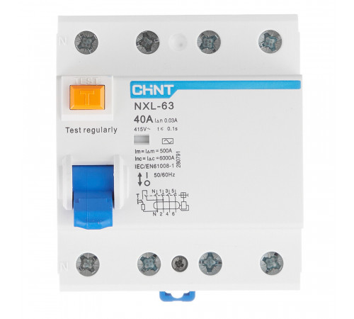 УЗО Chint NXL-63 40А 3P+N тип AC 30 мА 6 кА компактное (280791) УЗО Chint NXL-63 40А 3P+N тип AC 30 мА 6 кА компактное (280791)