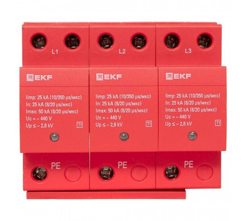 Ограничитель напряжения модульный EKF (spd-t1-3p) T1 275 В 25 А тип AC 3P Ограничитель напряжения модульный EKF (spd-t1-3p) T1 275 В 25 А тип AC 3P