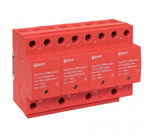 Ограничитель напряжения модульный EKF (spd-t1-4p) T1 275 В 25 А тип AC 4P Ограничитель напряжения модульный EKF (spd-t1-4p) T1 275 В 25 А тип AC 4P