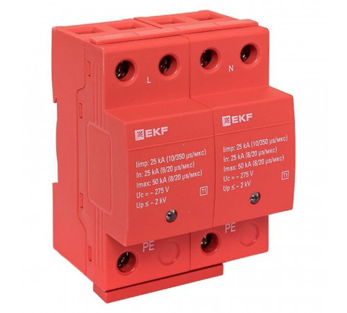 Ограничитель напряжения модульный EKF (spd-t1-2p) T1 275 В 25 А тип AC 2P Ограничитель напряжения модульный EKF (spd-t1-2p) T1 275 В 25 А тип AC 2P